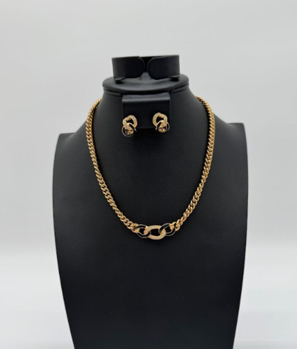Vintage Christian Dior Black Enamel Crystal Necklace Earrings Set Gold